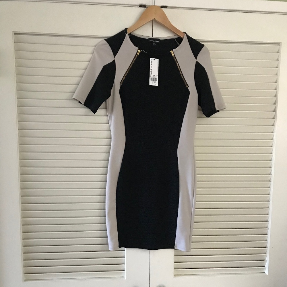 Warehouse. Black & Tan Short Sleeve Body Con Dress